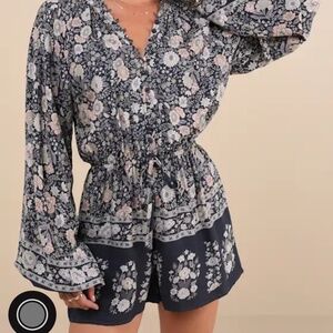 Lulus Traveled Aura Charcoal Grey Boho Button-front Long Sleeve Romper - Size L